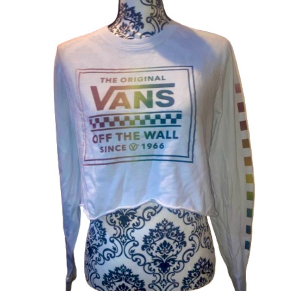 VANS White & Rainbow ‘Off The Wall’ Logo Women's Medium Long Sleeved Crop Tee